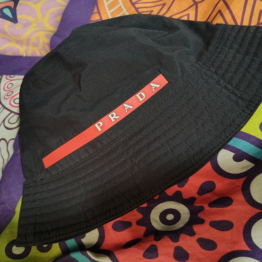 Prada Black Bucket Hat with Red Logo Stripe